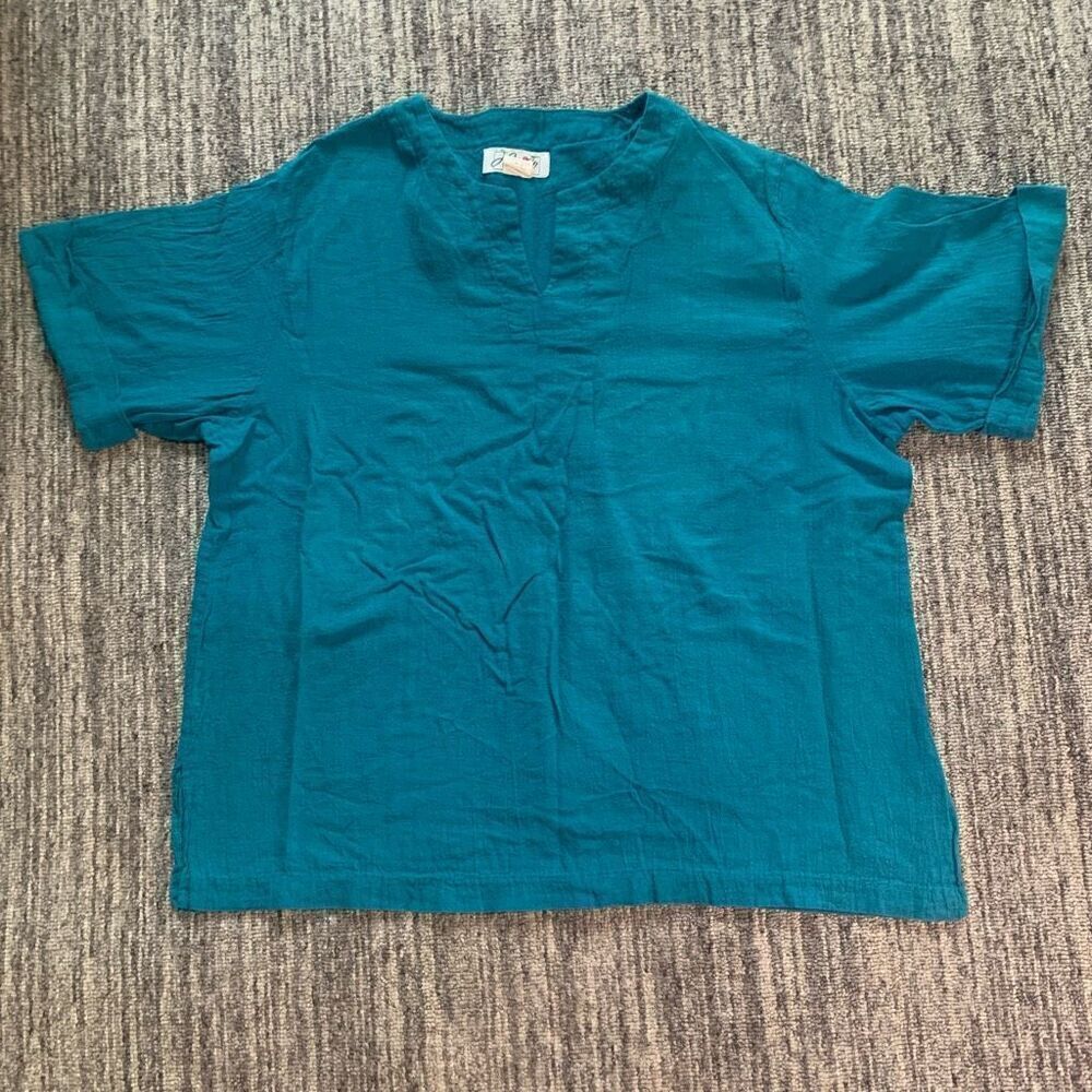 Haband Women’s Size Large Short Sleeve Cotton Tunic Top Blue Blouse Casual Beach